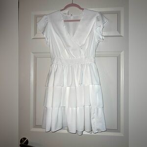 White Summer V Neck Casual Mini Ruffle Party Dress Large